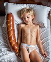 boy sleeping with a sausage