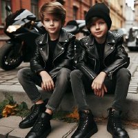 AI kids boys wearing black leather clothes