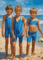 AI Kids boys girls on beach wearing surfsuit, swimsuit, short pant...