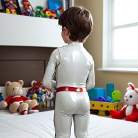 AI boy kids blond brown hair wearing white latex pant in bedroom, classroom