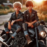 AI Boys kids on motorbike wearing pant et leather clothes