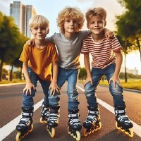 AI Kids boys blond or brown hair wearing overall pant, or blue jean doing roller