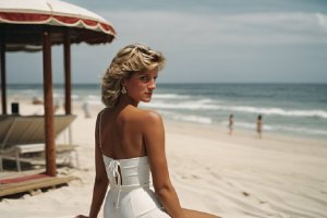 Princess Diana of Wales in white bikini on beach