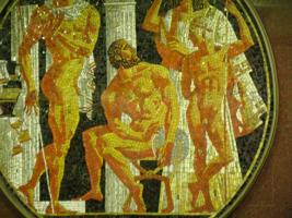 Russia, St. Petersburg (metro 'Sportivnaya') - nude boys and men in the Greek-style mosaics - by Bistrov, A. 1985, 1997