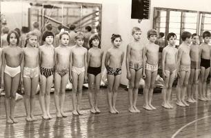 [History] Swimmers (girls topless in panties) do warm-up gymnastics, then go to swimming pool